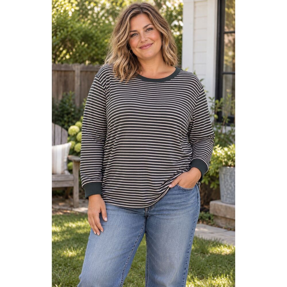 Ralph Lauren Jeans Co. Long Sleeve Top Elbow Patch Black Stripe Women's Sz. 2X